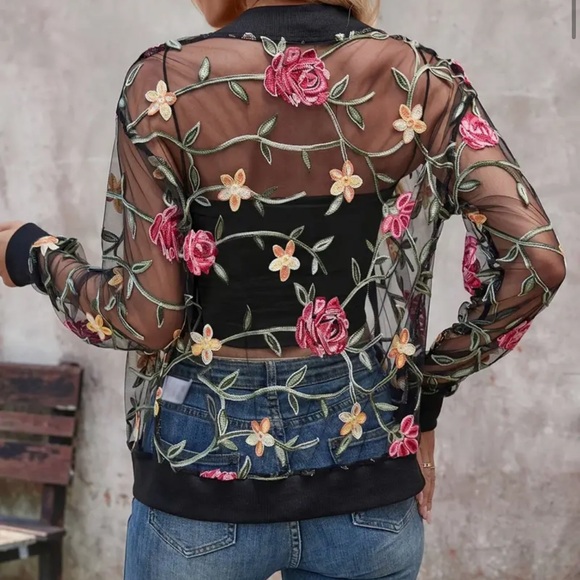 186. Zip-up Floral Embroidery Jacket, Stylish Long Sleeve Sheer Mesh Bomber - Picture 2 of 3